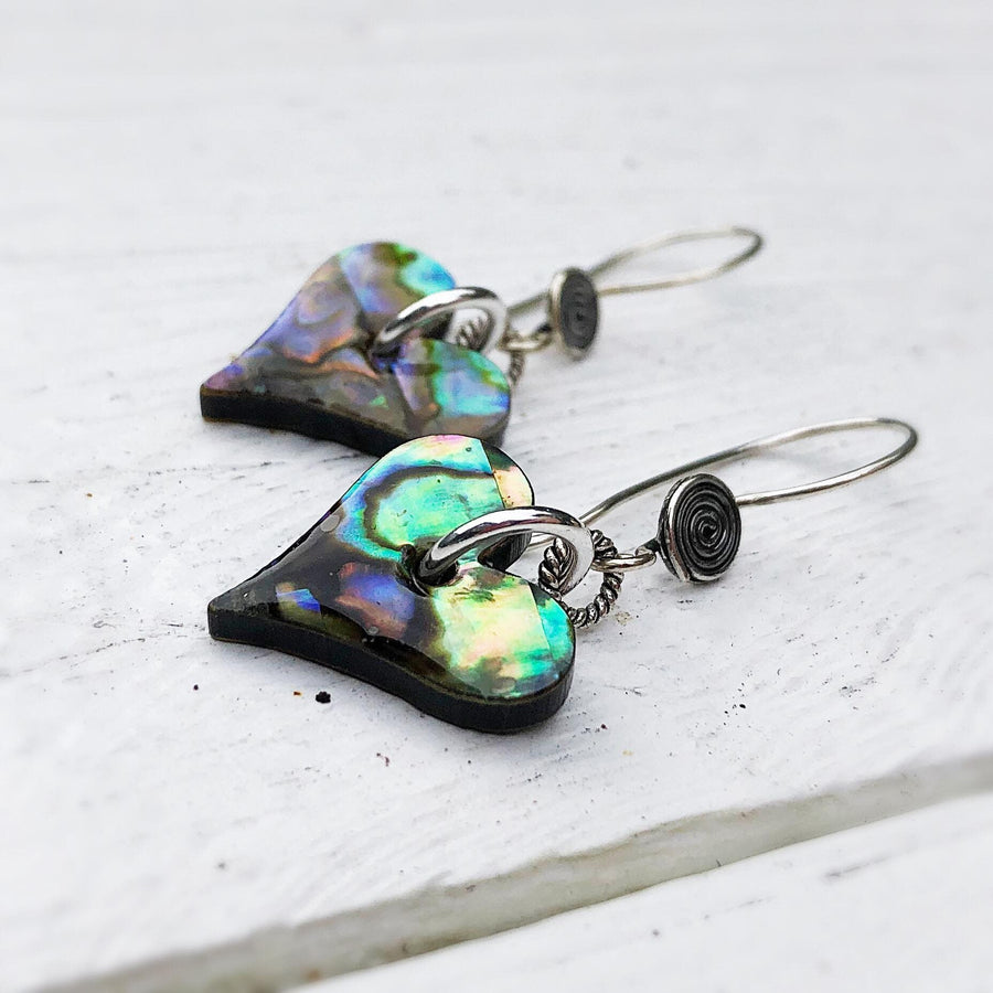 Artisan Sterling Silver & Genuine Paua Abalone beads Heart Shaped with Sterling Earwires Drop Dangle Earrings