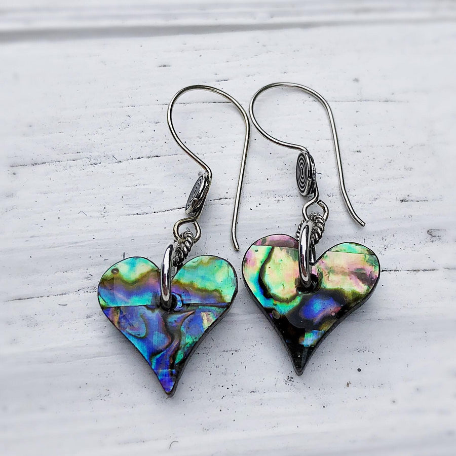 Artisan Sterling Silver & Genuine Paua Abalone beads Heart Shaped with Sterling Earwires Drop Dangle Earrings