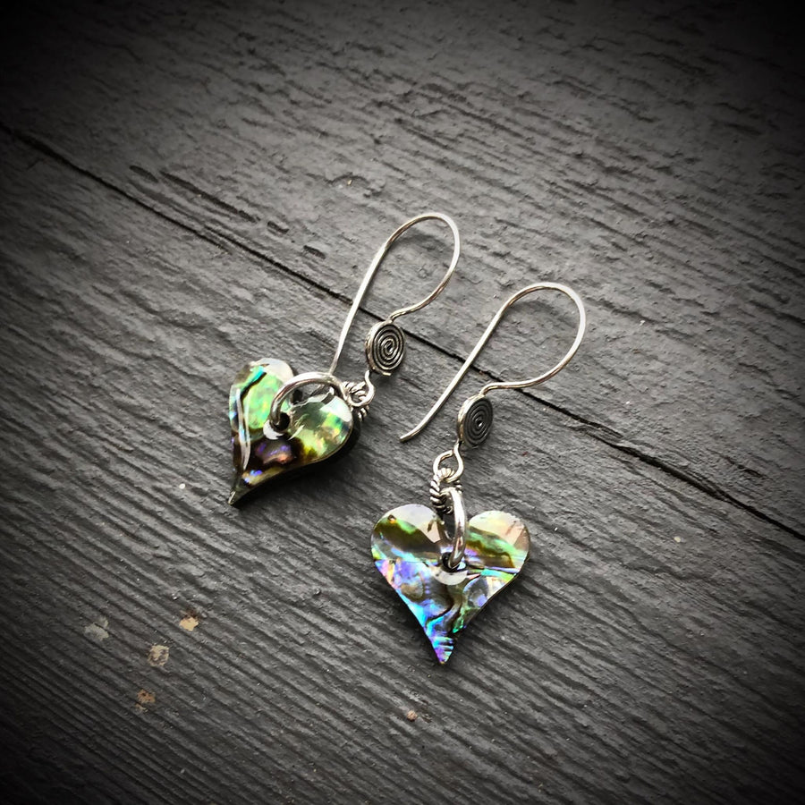 Artisan Sterling Silver & Genuine Paua Abalone beads Heart Shaped with Sterling Earwires Drop Dangle Earrings