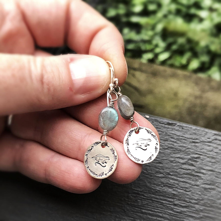 Artisan Sterling Silver & Labradorite Hand Stamped HONEY BADGER with Sterling Earwires Drop Dangle Earrings