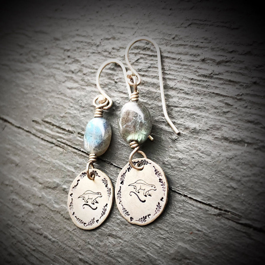 Artisan Sterling Silver & Labradorite Hand Stamped HONEY BADGER with Sterling Earwires Drop Dangle Earrings