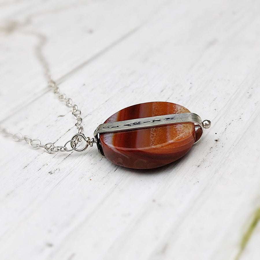 Artisan Sterling Silver & Banded Red Agate CLARITY Necklace Pendant, INNER STRENGTH, Unique Sterling Silver Banded Stone Pendant