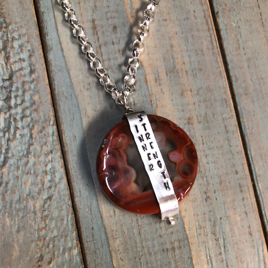 Artisan Sterling Silver & Banded Red Agate CLARITY Necklace Pendant, INNER STRENGTH, Unique Sterling Silver Banded Stone Pendant