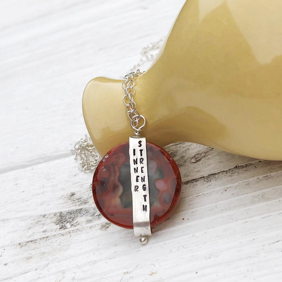 Artisan Sterling Silver & Banded Red Agate CLARITY Necklace Pendant, INNER STRENGTH, Unique Sterling Silver Banded Stone Pendant