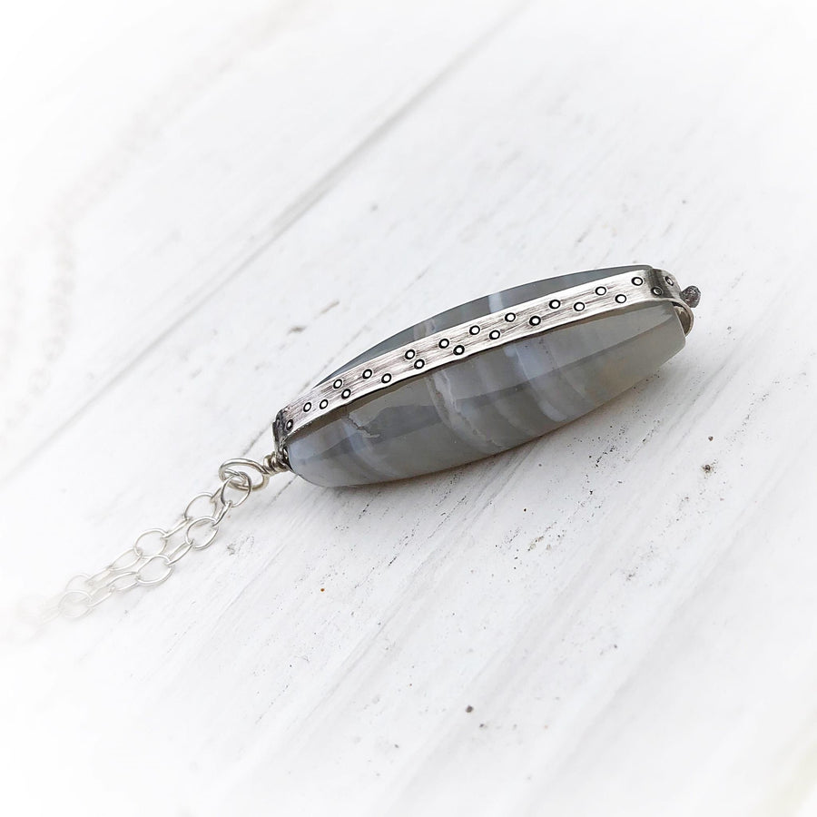 Artisan Sterling Silver & Banded Grey Agate Necklace Pendant, Sardonyx, Polka Dots, Unique Sterling Silver Striped Gray Stone Pendant