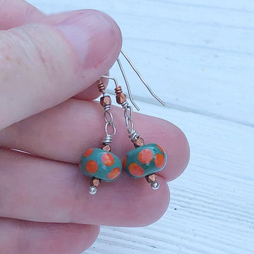 Artisan Sterling Silver & Lampwork Glass beads with Sterling Earwires Drop Dangle Earrings Teal and Orange with Copper Accents