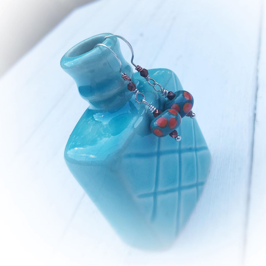 Artisan Sterling Silver & Lampwork Glass beads with Sterling Earwires Drop Dangle Earrings Teal and Orange with Copper Accents