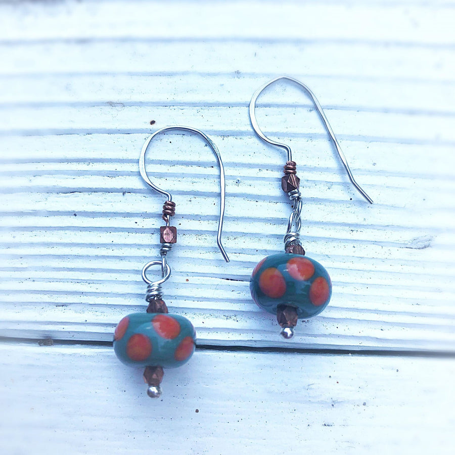 Artisan Sterling Silver & Lampwork Glass beads with Sterling Earwires Drop Dangle Earrings Teal and Orange with Copper Accents