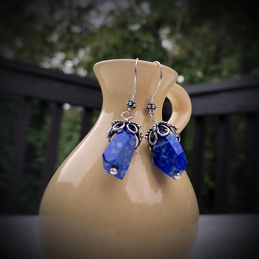 Artisan Sterling Silver & Chunky Lapis Lazuli Earrings, Antiqued Silver Accents, Unusual, Breathtaking, Deep Azure Blue, Statement Earrings