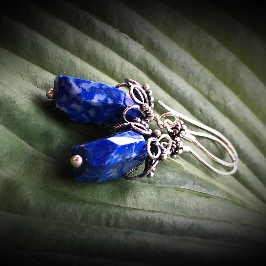 Artisan Sterling Silver & Chunky Lapis Lazuli Earrings, Antiqued Silver Accents, Unusual, Breathtaking, Deep Azure Blue, Statement Earrings