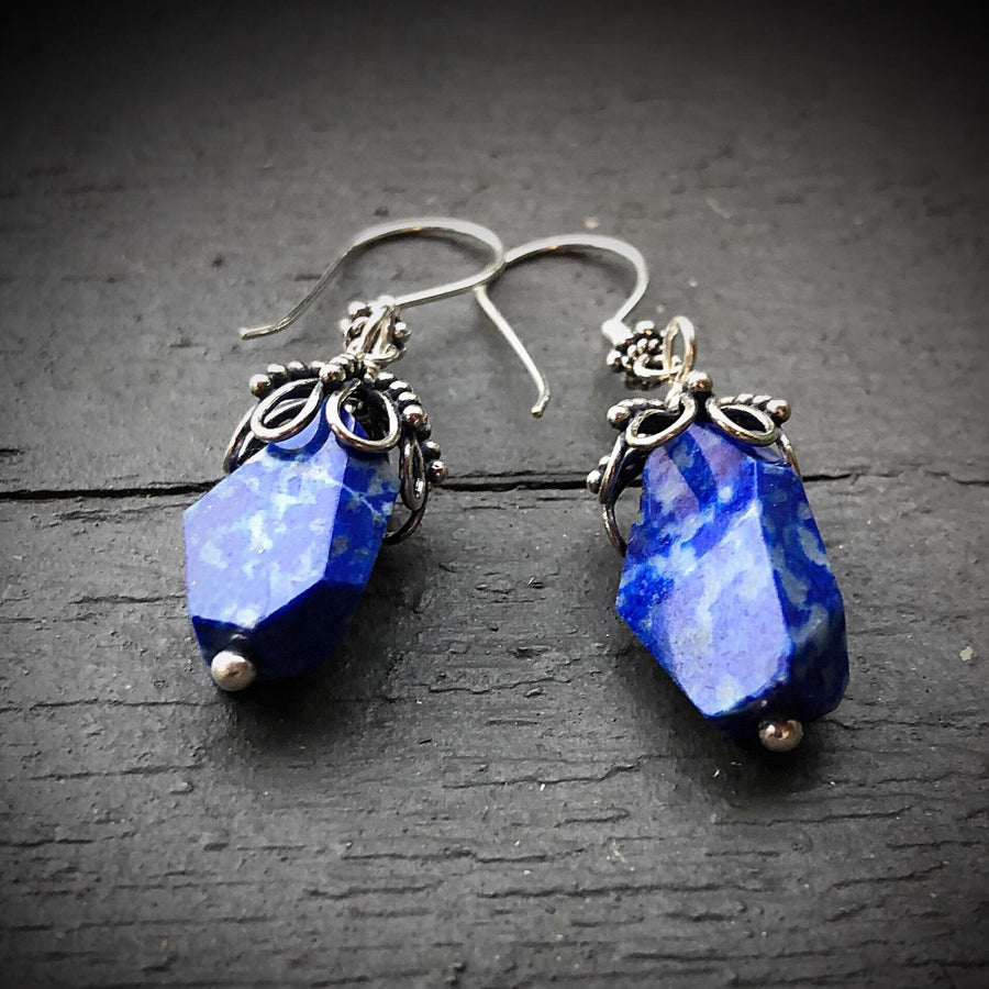 Artisan Sterling Silver & Chunky Lapis Lazuli Earrings, Antiqued Silver Accents, Unusual, Breathtaking, Deep Azure Blue, Statement Earrings