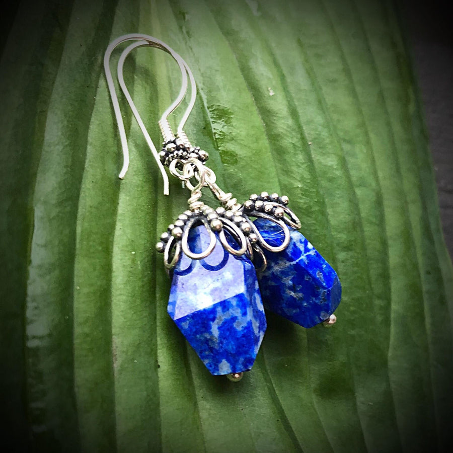 Artisan Sterling Silver & Chunky Lapis Lazuli Earrings, Antiqued Silver Accents, Unusual, Breathtaking, Deep Azure Blue, Statement Earrings