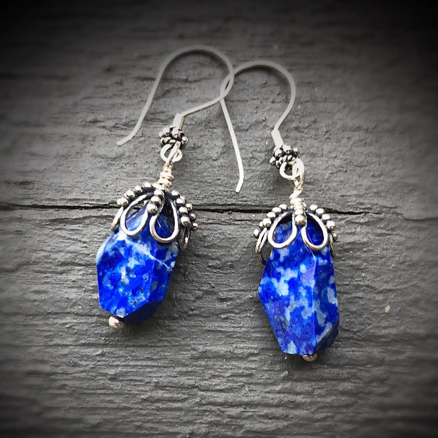 Artisan Sterling Silver & Chunky Lapis Lazuli Earrings, Antiqued Silver Accents, Unusual, Breathtaking, Deep Azure Blue, Statement Earrings