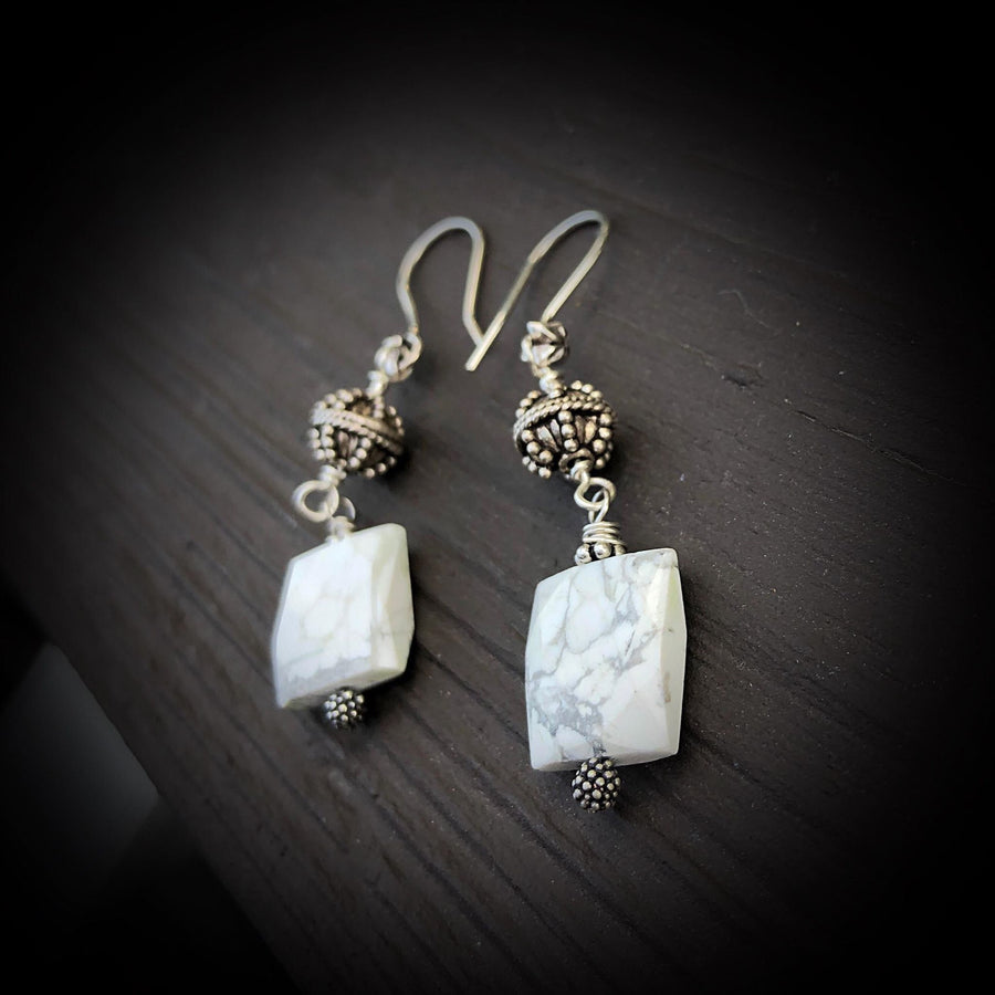 Artisan Sterling Silver & Chunky White and Grey Howlite Earrings, Antiqued Silver Accents, Bali Silver, Go with Everything, Square Gemstone