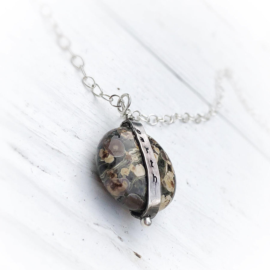 Artisan Sterling Silver & RainForest Jasper EARTH Necklace Pendant, PEACE, Unique Sterling Silver Jasper Stone Pendant