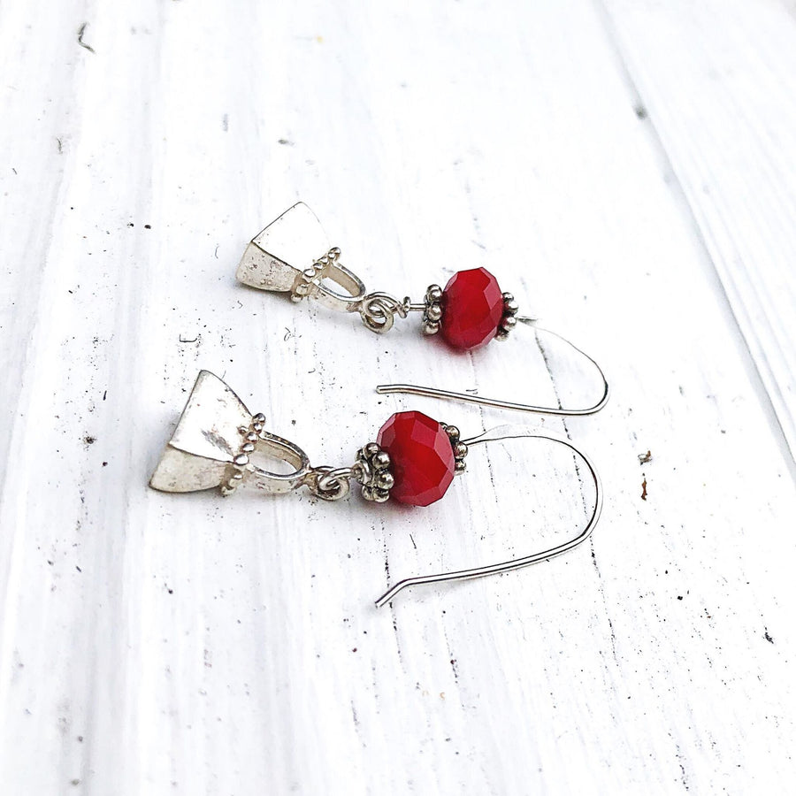 Artisan Sterling Silver Tiny Detailed Purse Earrings, Nice Weight, Faceted Red Jade on Sterling Ear Wires, Solid Charm, Not Hollow