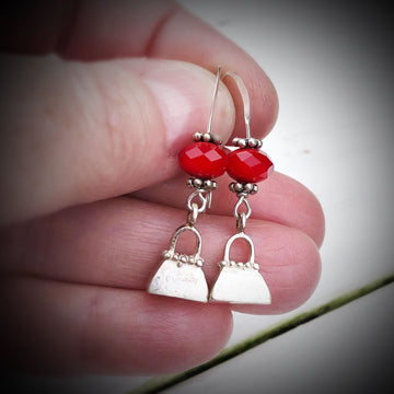 Artisan Sterling Silver Tiny Detailed Purse Earrings, Nice Weight, Faceted Red Jade on Sterling Ear Wires, Solid Charm, Not Hollow