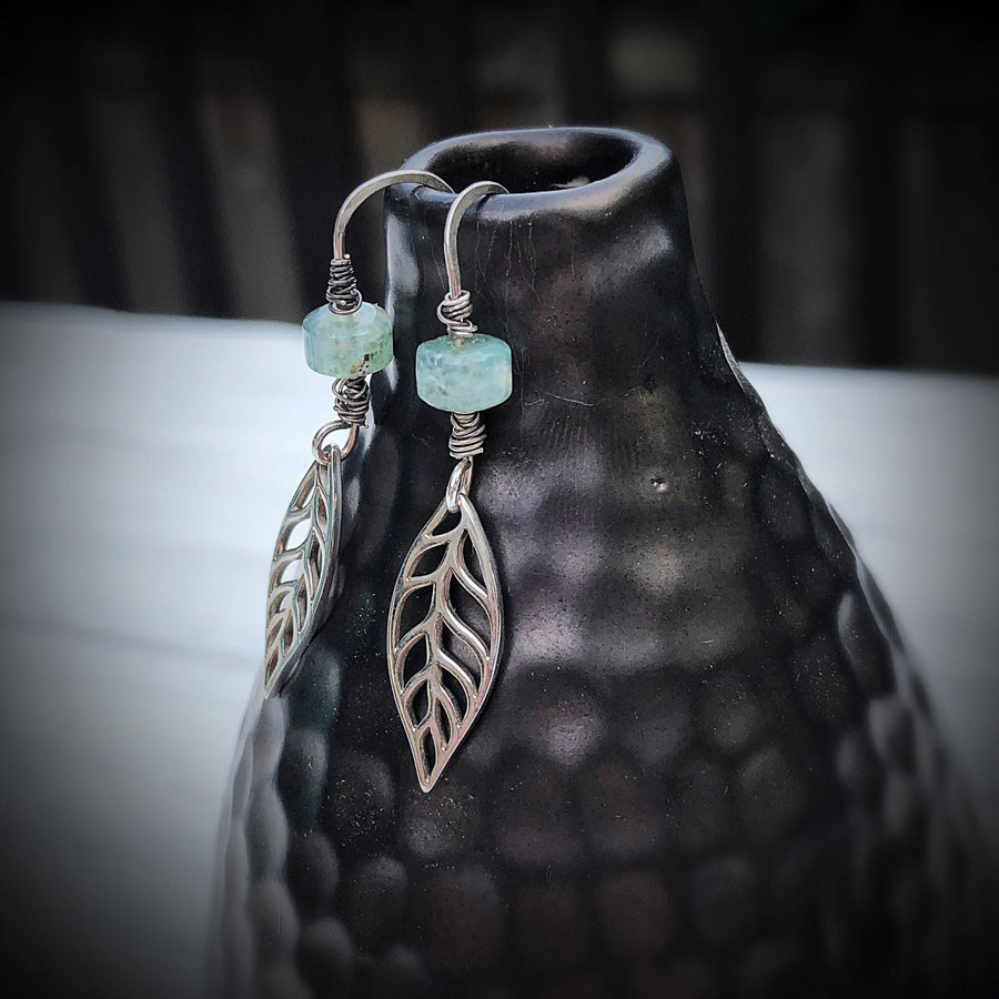 Artisan Sterling Silver Leaf & Green Agate beads with Sterling Earwires Drop Dangle Earrings Beautiful Bali Silver Stamped