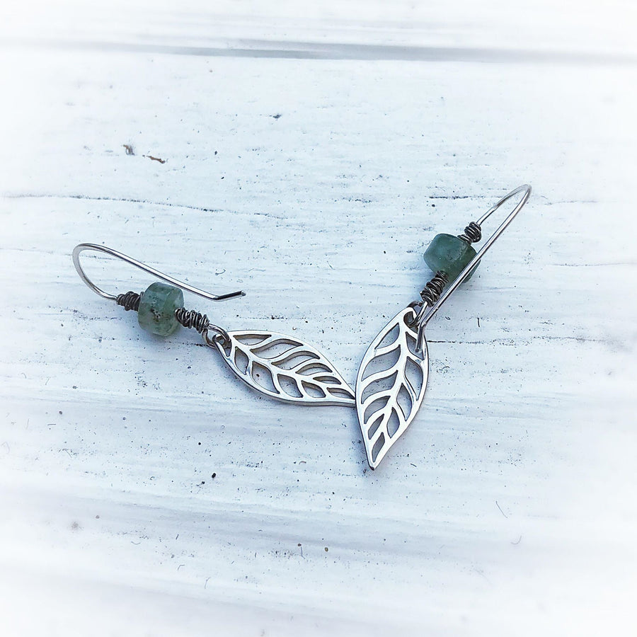 Artisan Sterling Silver Leaf & Green Agate beads with Sterling Earwires Drop Dangle Earrings Beautiful Bali Silver Stamped