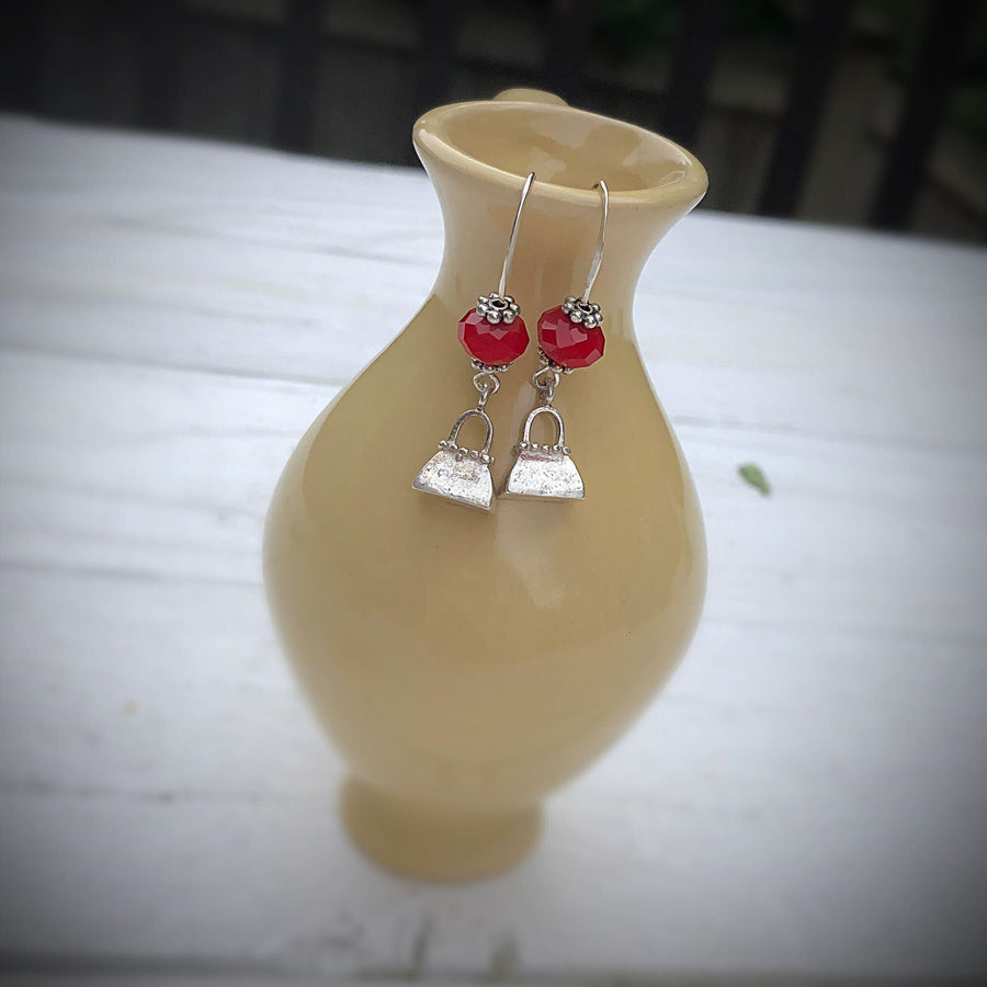 Artisan Sterling Silver Tiny Detailed Purse Earrings, Nice Weight, Faceted Red Jade on Sterling Ear Wires, Solid Charm, Not Hollow