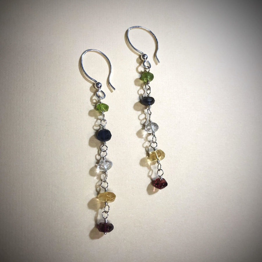 Artisan Sterling Silver and Gemstone long line minimalist earrings, Multicolor, Peridot, Citrine, Garnet, Quartz, Iolite, Classy