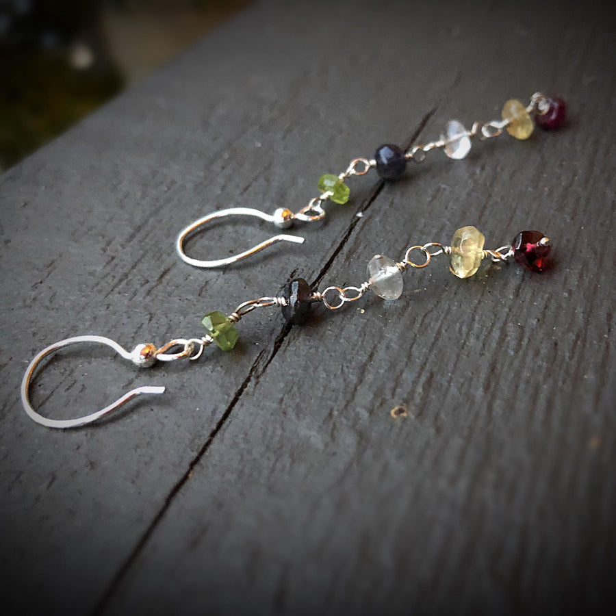 Artisan Sterling Silver and Gemstone long line minimalist earrings, Multicolor, Peridot, Citrine, Garnet, Quartz, Iolite, Classy