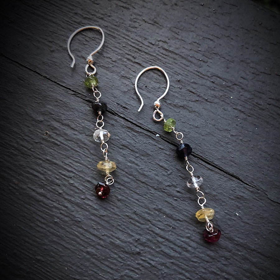 Artisan Sterling Silver and Gemstone long line minimalist earrings, Multicolor, Peridot, Citrine, Garnet, Quartz, Iolite, Classy