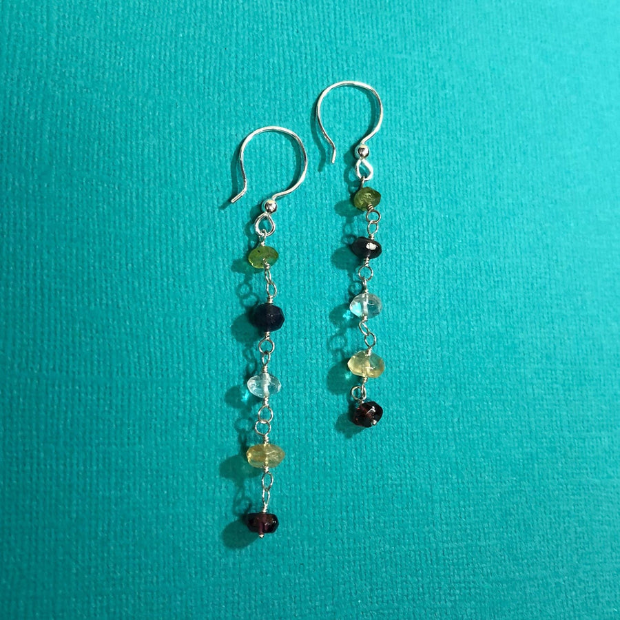 Artisan Sterling Silver and Gemstone long line minimalist earrings, Multicolor, Peridot, Citrine, Garnet, Quartz, Iolite, Classy