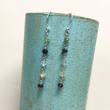 Artisan Sterling Silver and Gemstone long line minimalist earrings, Multicolor, Peridot, Citrine, Garnet, Quartz, Iolite, Classy