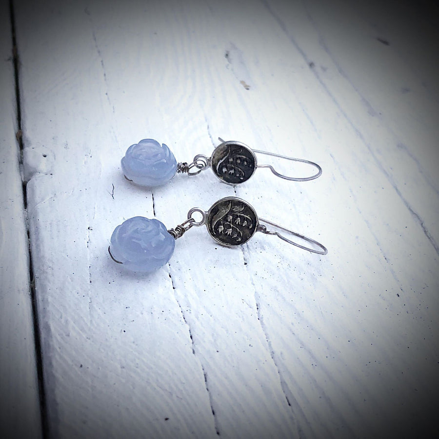 Artisan Sterling Silver and Chalcedony Blue Bell earrings, carved Agate, AAA Blue Chalcedony, Unique and Secure Earwires, Handmade