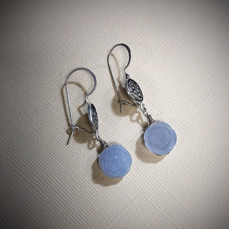 Artisan Sterling Silver and Chalcedony Blue Bell earrings, carved Agate, AAA Blue Chalcedony, Unique and Secure Earwires, Handmade