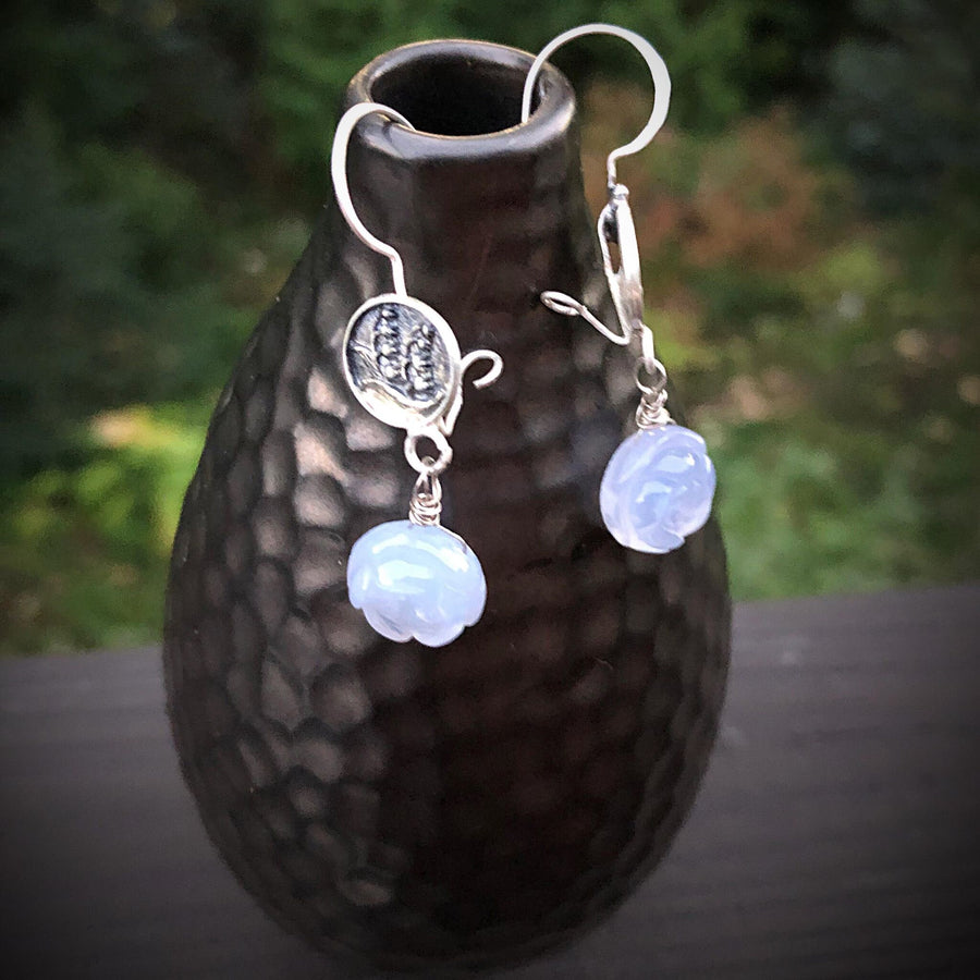 Artisan Sterling Silver and Chalcedony Blue Bell earrings, carved Agate, AAA Blue Chalcedony, Unique and Secure Earwires, Handmade