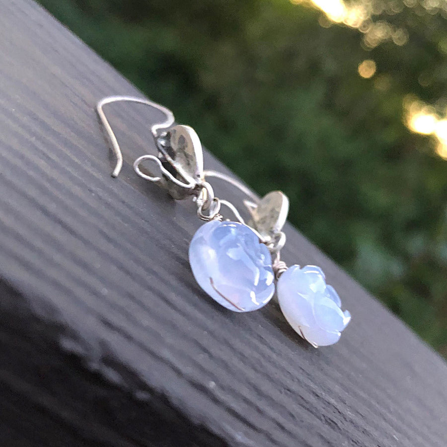 Artisan Sterling Silver and Chalcedony Blue Bell earrings, carved Agate, AAA Blue Chalcedony, Unique and Secure Earwires, Handmade