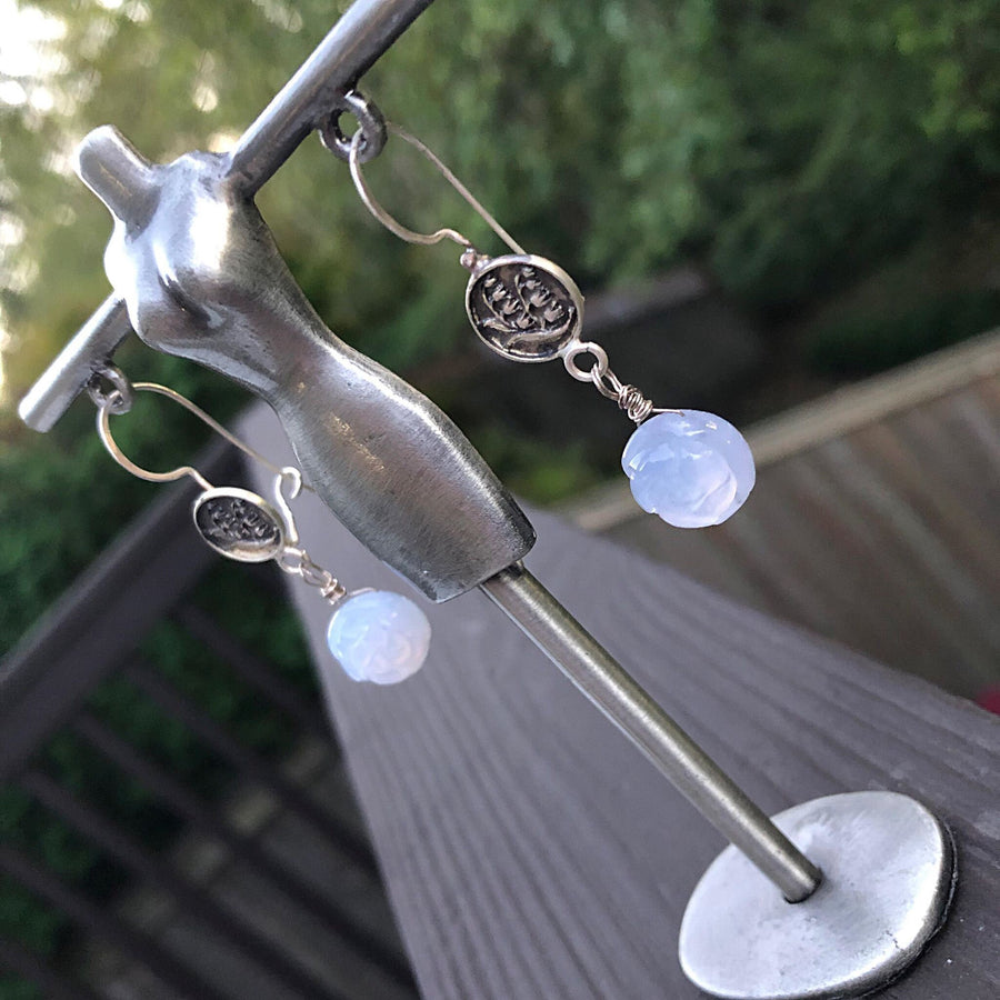 Artisan Sterling Silver and Chalcedony Blue Bell earrings, carved Agate, AAA Blue Chalcedony, Unique and Secure Earwires, Handmade