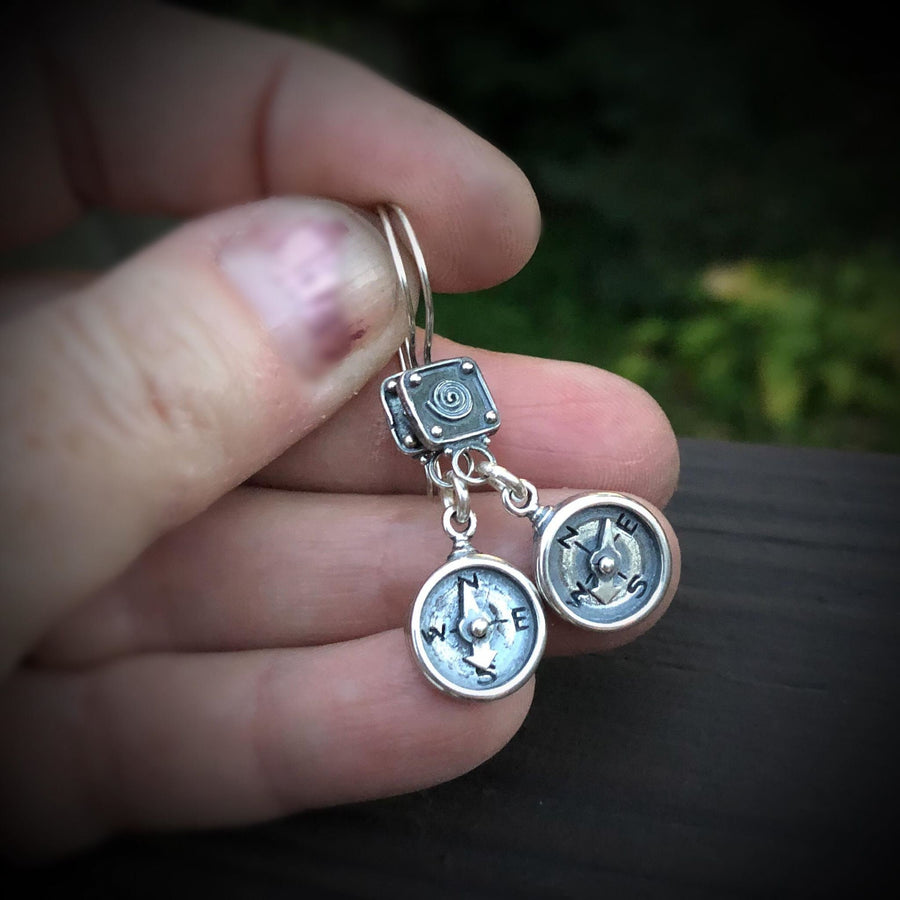 Artisan Sterling Silver Little Compass Earrings, Spiral Earwires, Compass Needle Actually Moves, Rustic Outdoor Dangle Earrings