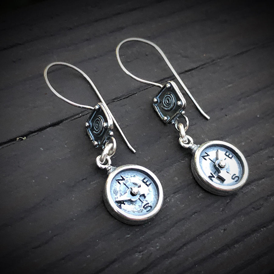 Artisan Sterling Silver Little Compass Earrings, Spiral Earwires, Compass Needle Actually Moves, Rustic Outdoor Dangle Earrings