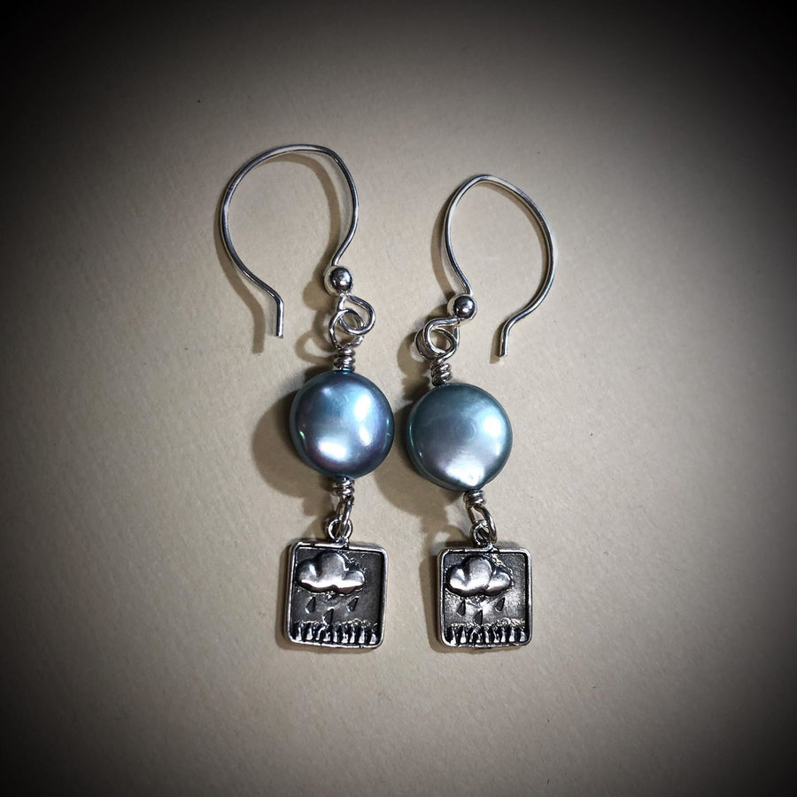 Artisan Sterling Silver and Blue Coin Pearl Earrings, Sterling Silver Rain Cloud Charm Earrings, Unique and OOAK, Handmade, Ear Wires