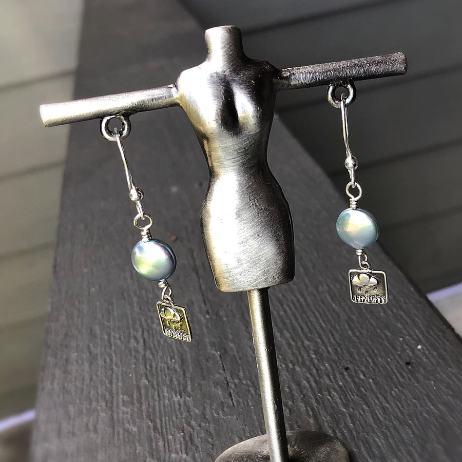 Artisan Sterling Silver and Blue Coin Pearl Earrings, Sterling Silver Rain Cloud Charm Earrings, Unique and OOAK, Handmade, Ear Wires