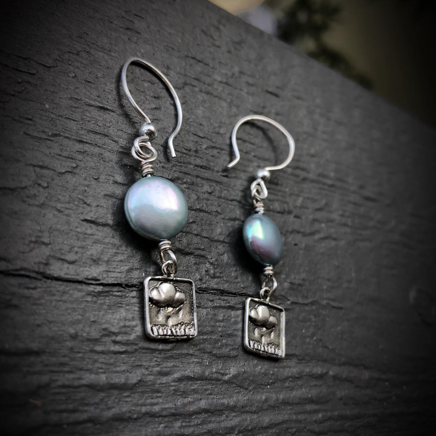 Artisan Sterling Silver and Blue Coin Pearl Earrings, Sterling Silver Rain Cloud Charm Earrings, Unique and OOAK, Handmade, Ear Wires