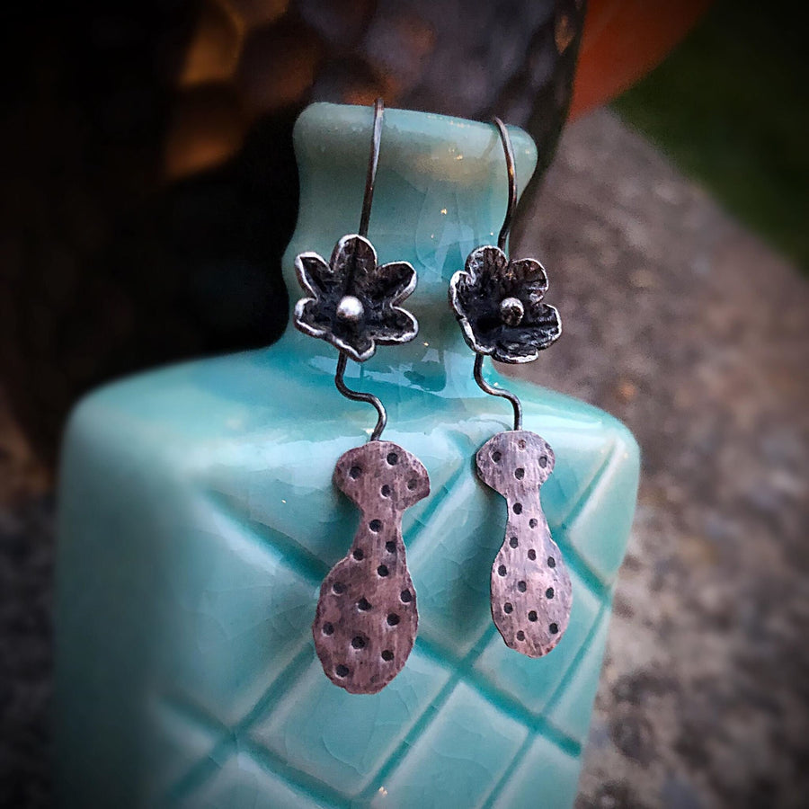 Artisan Sterling Silver Little Flower Vase Earrings, Polka Dot Vase, Handmade, Mixed Metal, Sterling Flowers and Copper Vases, Rustic