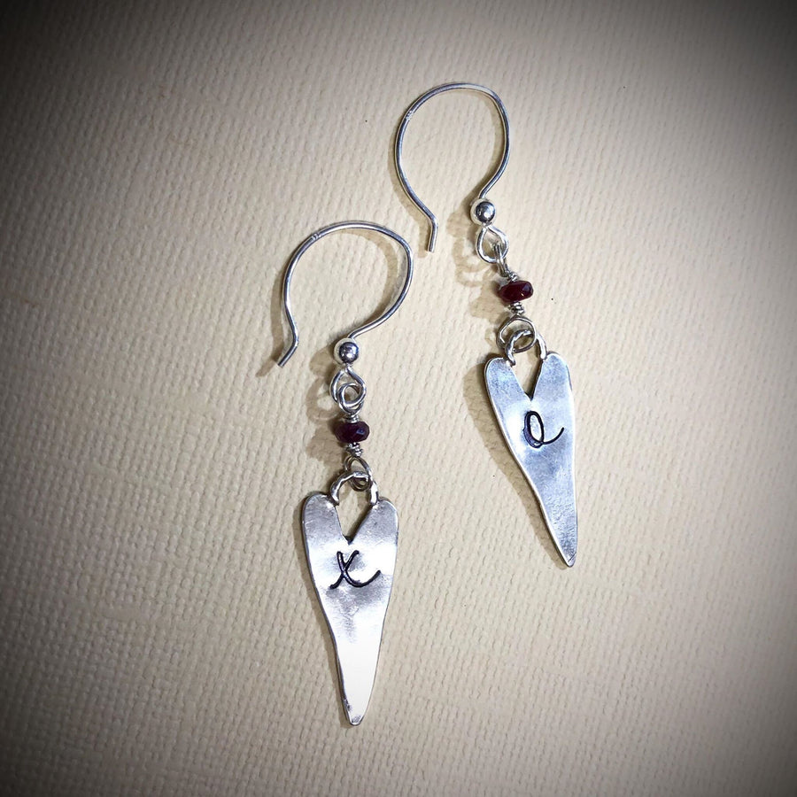 Artisan Sterling Silver Long Rustic Heart XO Earrings, with Genuine Garnet, Faceted Gemstone Earwire Ear Wire Heart Earrings, Valentine Gift