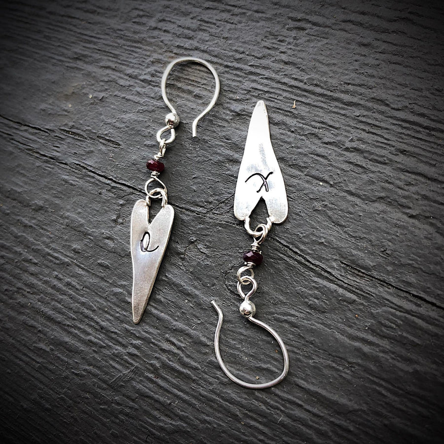 Artisan Sterling Silver Long Rustic Heart XO Earrings, with Genuine Garnet, Faceted Gemstone Earwire Ear Wire Heart Earrings, Valentine Gift