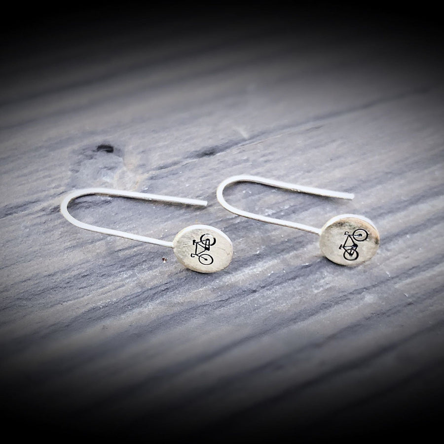 Artisan Sterling Silver Little Stamped Bicycle Earrings, Bike Earrings, Bicyclist Earrings, Minimalist, Ear Wire, Round, Circle