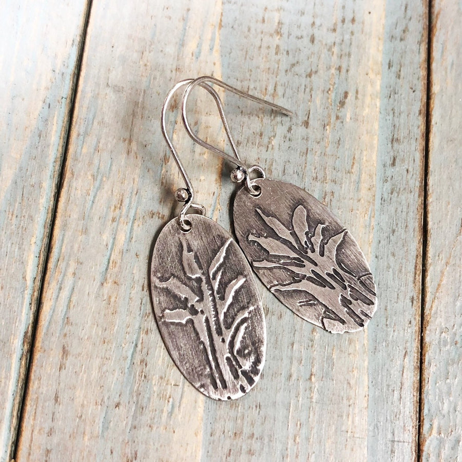 Artisan Sterling Silver Etched Bamboo Design Cattail vegetation Earrings Statement One of a Kind Oval Classy Metalsmith Silversmith