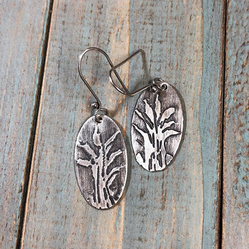 Artisan Sterling Silver Etched Bamboo Design Cattail vegetation Earrings Statement One of a Kind Oval Classy Metalsmith Silversmith