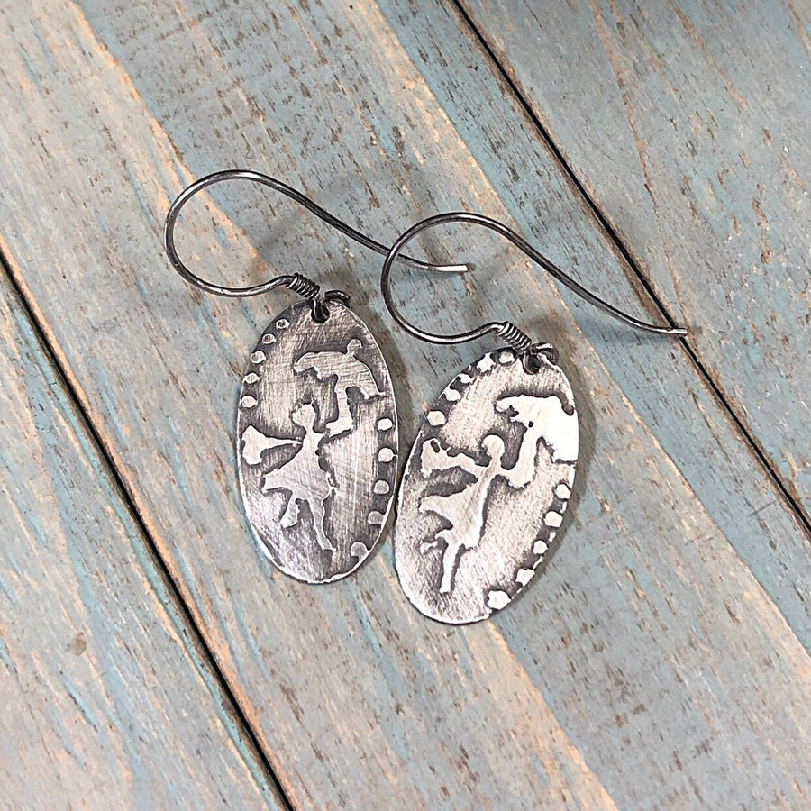 Artisan Sterling Silver Etched Mary Poppins Umbrella Polka Dot Design Earrings Statement One of a Kind Oval Classy Etched Silver Earrings