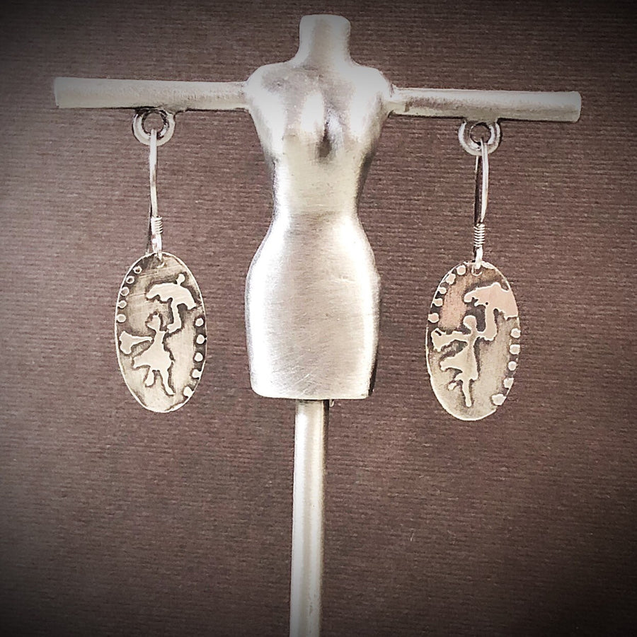 Artisan Sterling Silver Etched Mary Poppins Umbrella Polka Dot Design Earrings Statement One of a Kind Oval Classy Etched Silver Earrings