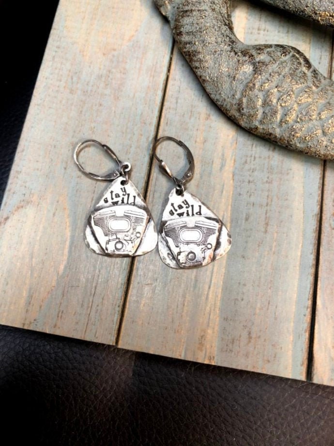 Artisan Sterling Silver Antiqued V-Twin Earrings Motorcycle Riding Biker V Twin Engine One of a Kind Stay Wild Love My Bike Rider