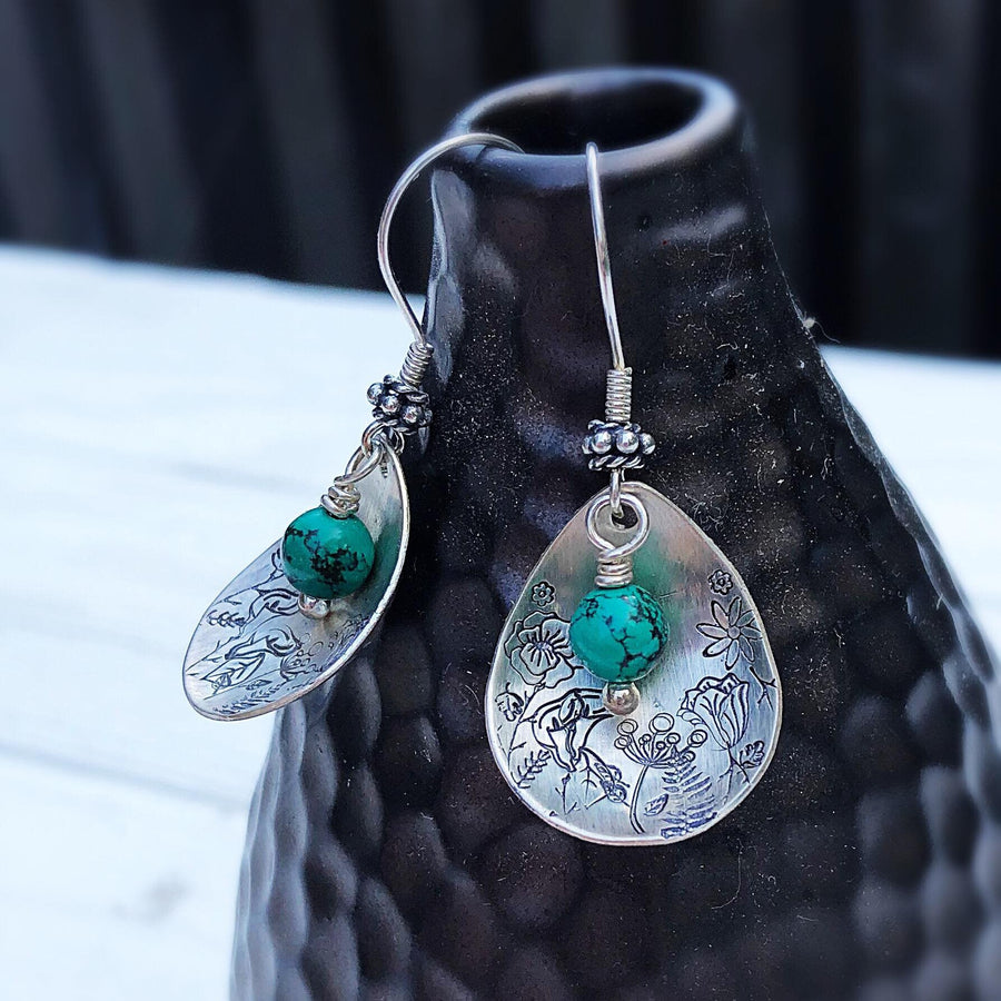 Artisan Sterling Silver Petal & Nevada Turquoise beads with Sterling Earwires Drop Dangle Earrings Beautiful Bali Silver Stamped