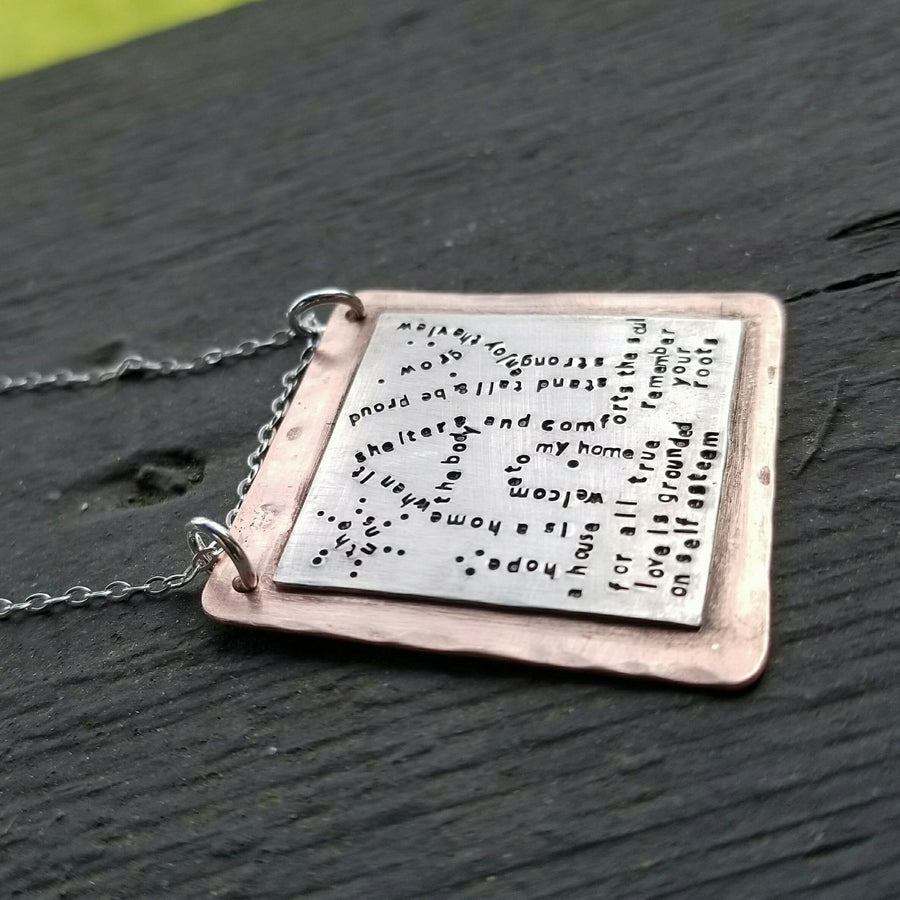 Artisan Stamped Home House Scene Pendant Necklace, Inspirational, Tiny Phrases Form a Picture, Sterling Silver & Copper, One of a Kind ooak